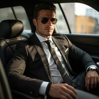 AI Generated Sitting transportation portrait travel men handsome male automobile suit work adult photo