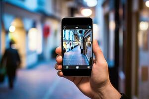 ai generado blanco hombre mensaje teléfono estilo de vida ciudad tecnología móvil digital teléfono inteligente utilizando foto