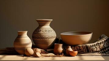 ai generado rústico diseño jarra cuenco objeto florero arte maceta cerámica cultura loza de barro hecho a mano marrón foto