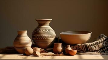 AI Generated Rustic design jug bowl object vase craft pot pottery culture earthenware handmade brown photo