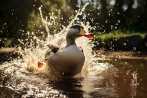 ai generado Pato río estanque pato real animal lago agua nadar al aire libre ala fauna silvestre vistoso salvaje pico foto