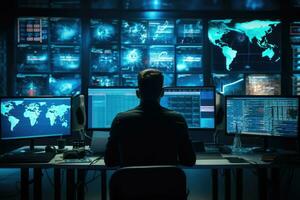 AI Generated Man network working display office center operator engineer facility computer screen photo