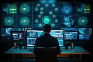 AI Generated Display man information control room server computer center security engineer internet photo