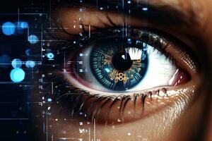 AI Generated Woman iris identification futuristic biometric human computer digital secure technology photo