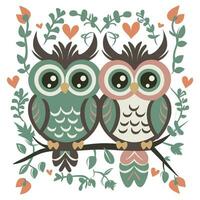AI generated two cute owls in love on a branch photo