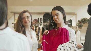 zwei weiblich freunde versuchen Kleider im Vorderseite von das Spiegel video