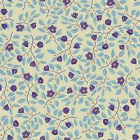 Floral background seamless pattern, branches with teal leaves and purple flowers on cream background. Vector illustration, design for wallpaper, textile, fabric, wrapping.