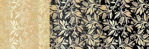 Three Floral seamless patterns with abstract leaves and berries in gold, black, beige and gray. Designs for wallpapers, textiles, fabrics. vector
