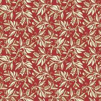 Floral seamless pattern with leaves and berries in wine red, green and cream colors, handdrawn and digitized. Design for wallpaper, textile, fabric, wrapping, background. vector