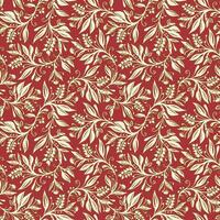 Floral seamless pattern with leaves and berries in wine red, green and cream colors, handdrawn and digitized. Design for wallpaper, textile, fabric, wrapping, background. vector