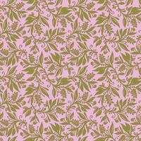 Floral seamless pattern with leaves and berries in chartreuse green, pink, wine red colors, handdrawn and digitized. Design for wallpaper, textile, fabric, wrapping, background. vector