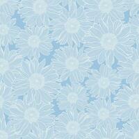 Vector floral seamless pattern of chamomile flowers in light blue pastel colors with white outline. Decorative print for wallpaper, wrapping, textile, fashion fabric or other printable covers.