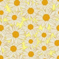 Vector seamless pattern of orange and white chamomile flowers on light yellow background. Decorative print for wallpaper, wrapping, textile, fashion fabric or other printable covers.