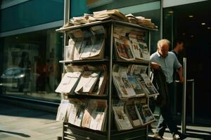 ai generado prensa diario Tienda comunicación papel publicación medios de comunicación titular puesto de periódicos foto