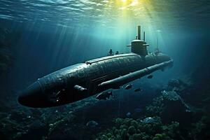 ai generado agua arma Oceano buque de guerra mar metal buque Embarcacion nuclear submarino submarino batalla foto