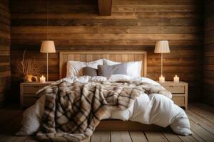 AI Generated Wood wooden wall furniture bedding room cozy home blanket decor design house nobody photo