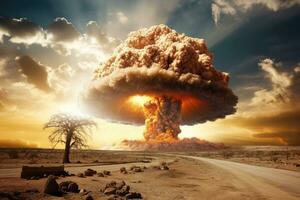 AI Generated Bomb fire warfare mushroom energy catastrophe nuclear power cloud war apocalypse sky photo