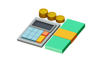 3D rendering of gold coins, calculator and cash png