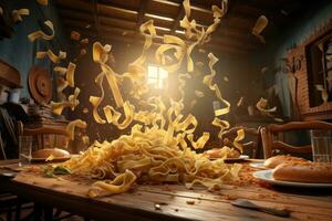 AI Generated Raw wooden fresh wheat italy flour healthy italian tagliatelle yellow food cuisine dry photo