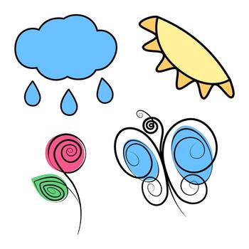 Stylized cloud with drops, half sun, rose bud and butterfly. Set of elements for many different uses vector