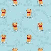 Cute seamless pattern with capybaras in a mask and skis. vector