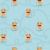 Cute seamless pattern with capybaras in a mask and skis. vector