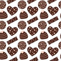 Seamless pattern with chocolates candies in form heart, circle and chocolate bar with pink icing. Valentine day background. Vector flat illustration.