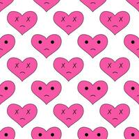 Seamless Pattern with hearts of sadness in emo style. Y2k. Pink weird gloomy hearts. Anti Valentine Day. Vector flat illustration.