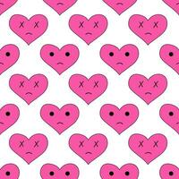 Seamless Pattern with hearts of sadness in emo style. Y2k. Pink weird gloomy hearts. Anti Valentine Day. Vector flat illustration.