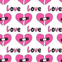 Seamless Pattern with hearts and text love in emo style. Y2k. Black and pink. Broken heart with patch. Vector flat illustration.