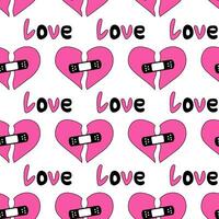 Seamless Pattern with hearts and text love in emo style. Y2k. Black and pink. Broken heart with patch. Vector flat illustration.