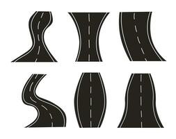 Set of bending roads and highways isolated on white background. Logo, icon, sticker, sign path way. Vector flat illustration.