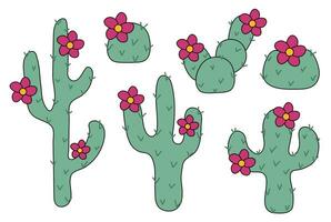 Set of different Cactus plants with flowers. Vector flat illustration isolated on white background.