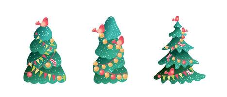 Green Christmas trees with bullfinches, garlands and toys. vector