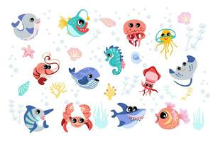 Set with hand drawn marine life elements. vector