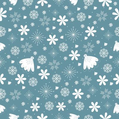 Christmas background pattern with snow flakes, flowers and more ornaments.