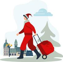 Man wearing red Santa Claus suit walking in the city with presents bag. Vector flat style character illustration.