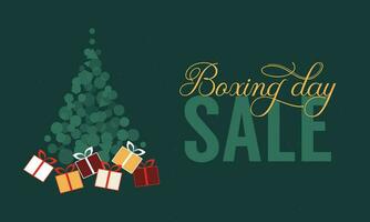 Boxing day Sale Banner vector illustration. Surprise present boxes under Christmas tree.