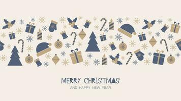 Merry Christmas and Happy New Year greeting card. Vector minimal seamless pattern line with Christmas decorations. Creative postcard