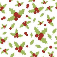 Vector seamless pattern with holly berries and leaves. Christmas wrapping paper background. Pattern for fabric print, cards design