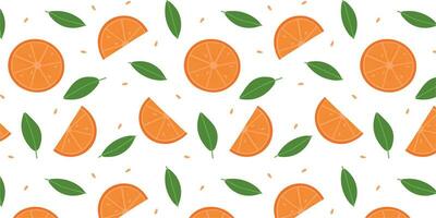 Seamless bright pattern with fresh oranges, leaves and seeds for fabric, drawing labels, wallpaper, fruit background. Slices of oranges background. Tropical seamless pattern. Vitamin C vector