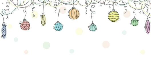 Set of hand drawn christmas baubles. Christmas balls hanging with ribbons on white background. Hand drawn sketch line style xmas ball. Christmas bauble background. vector