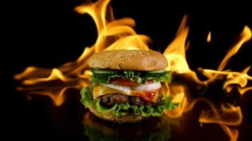 délicieux Burger sur le Contexte de Feu. délicieux Burger avec Frais iceberg chou, oignons, tomates et grillé steak. vite nourriture, lent mouvement video