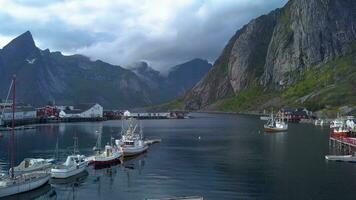 fliegend Über Angeln Schiffe im das Hafen von ein klein Stadt, Dorf von reine auf Lofoten Inseln. schön Natur von Norwegen. video