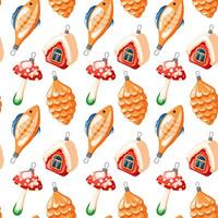Christmas tree toys seamless pattern in cartoon style. New Year glass balls in shape of fish, house, pine cone and fly agaric. Festive xmas print. Vector illustration isolated on a white background.