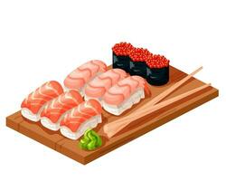 Sushi set of red fish nigiri and shrimp, gunkans and wasabi on a wooden plate with chopsticks. Traditional Japanese cuisine. Vector illustration isolated on a white background.