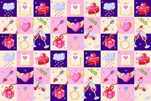 Valentines day. Romantic geometric seamless pattern with heart, wineglass, envelope, arrow, cloud, heart with wings, ring and squares in cartoon style. Vector illustration.