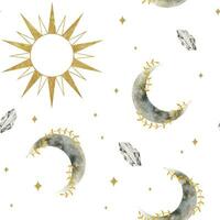 Crescent moon, stars, sun and crystals. Watercolor seamless pattern. Crescent moons. Esoteric signs and symbols. Isolated. Minimalistic print for design, print, fabric or background. vector