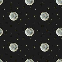 Grey moon and golden stars. Watercolor seamless pattern. Full moon. Esoteric signs and symbols. Isolated. Minimalistic print for design, print, fabric or background. vector