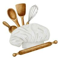 Chef Hat with and kitchen utensils. Wooden whisk, scoop and spoon, rolling pin. Watercolor illustration. Isolated. For food blogs, design of labels, packaging of good, cards, element for cookbook vector